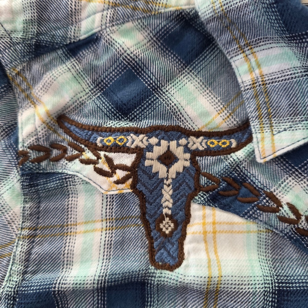 Ariat REAL Womens Blue Plaid Embroidered Longhorn Skull Western Snap Shirt Small - Picture 4 of 11